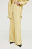 Gestuz pantaloni femei, culoarea galben, lat, high waist 10908850
