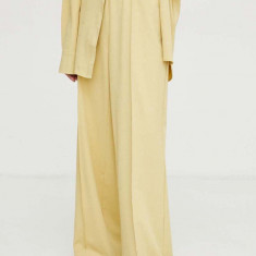 Gestuz pantaloni femei, culoarea galben, lat, high waist 10908850