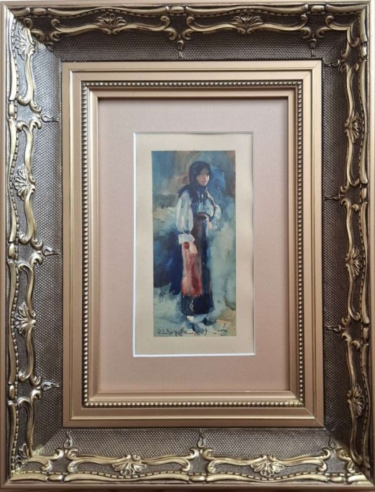 Rudolf Schweitzer-Cumpăna (1886-1975)-Ţărăncuţă, acuarelă, deosebită (1916)