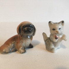 lot 2 miniaturi ceramica pisica si caine pekinez, 3.5x4cm si 4x3 cm