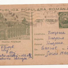 RS1 Carte Postala Romania - circulata 1953 Floresti-Timisoara