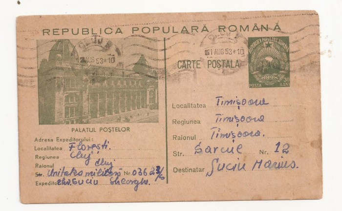 RS1 Carte Postala Romania - circulata 1953 Floresti-Timisoara