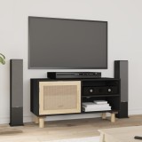 Comodă TV, negru, 80x30x40 cm, lemn masiv pin și ratan natural