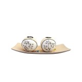 Set 2 Suporturi Lumanari Decorative Romantice Bej, Lemn/Sticla, 30x10 cm, cu Pietricele si Lumanari Pastila Incluse