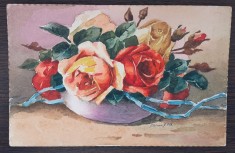 FELICITARE TIP CARTE POSTALA, COS CU FLORI - 1933 foto