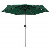 VidaXL Umbrelă de soare cu LED-uri și st&acirc;lp aluminiu, verde, 270 cm