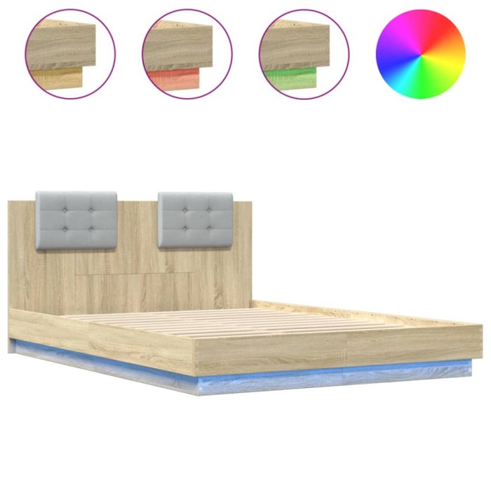 Cadru de pat cu tablie si lumini LED, stejar sonoma, 120x200 cm
