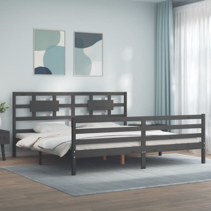 Gossi cadru pat cu tablie 200x200 cm, gri, lemn masiv