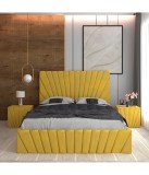 Pat Tapitat Toma Galben + Saltea Lux Ortopedica + Noptiere Tapitate 140x200cm