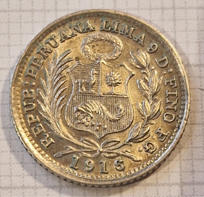 238, Peru, 1/2 Dinero 1916, KM#206, Argint, excelenta