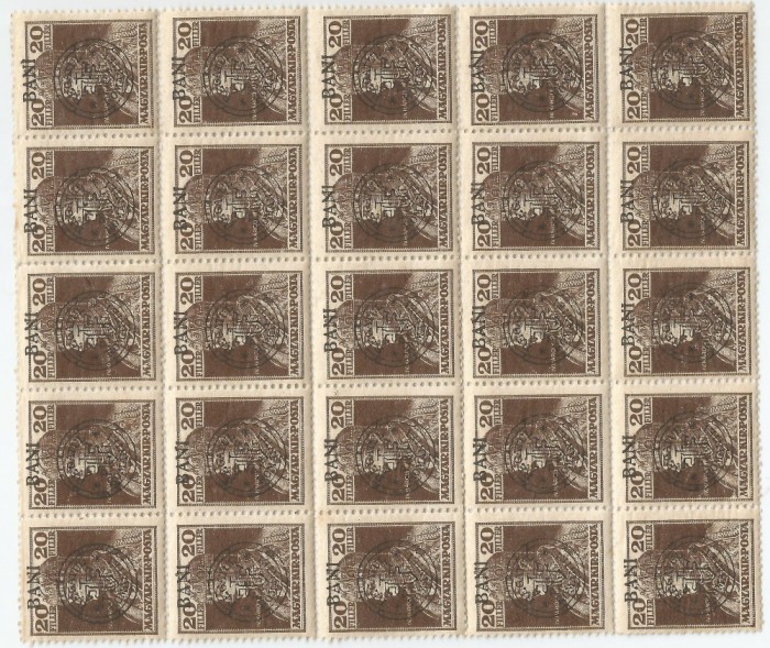 Romania, Em. Cluj, LP 8c/1919, Carol si Zita, bloc de 25 timbre, sup. depl., MNH