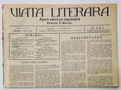 VIATA LITERARA , DIRECTOR G. MURNU , SAPTAMANAL , ANUL I , NR. 18 , 19 IUNIE , 1926 foto