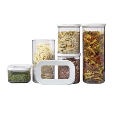 Set 5 Cutii de Depozitare Alimente, Cyrax, Capac Alb, din ABS+Silicon, 23 x 15 x 27 cm, Transparent