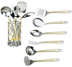 Set ustensile gatit, 7 piese, suport inclus, otel inoxidabil, Rosberg, auriu foto