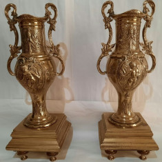 Amfore, Vaze antice Art Nouveau, pereche din bronz aurit, 35x13,2x12,3cm
