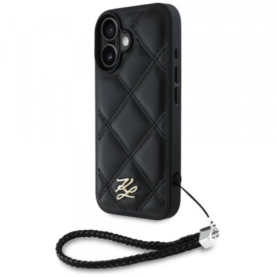 Husa pentru Apple iPhone 16, Karl Lagerfeld, Quilted Initial Logo &amp;amp; Chain Strap, Neagra foto