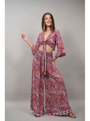 COMPLEU PANTALON CU CAMASA CROP MULTICOLORA ETERANO Rosu S-M foto