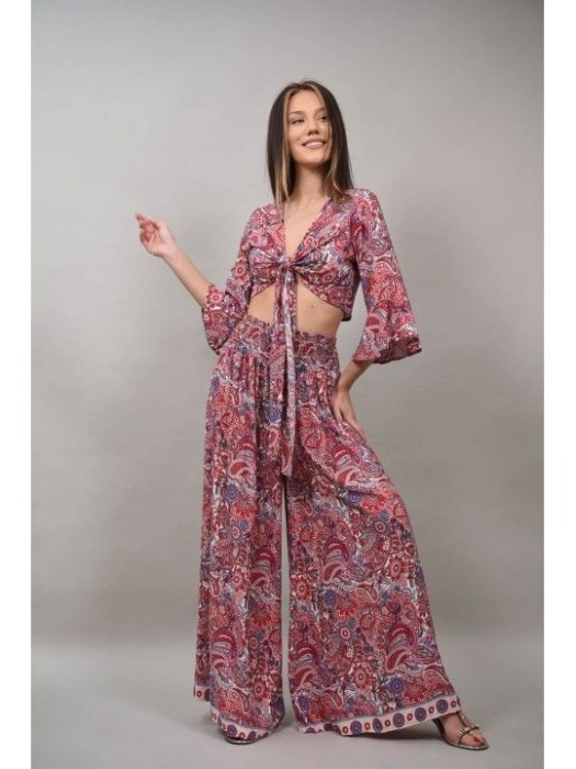 COMPLEU PANTALON CU CAMASA CROP MULTICOLORA ETERANO Rosu S-M