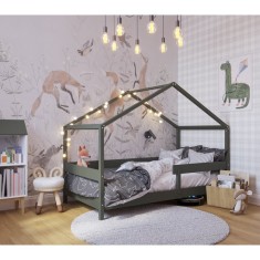 Patut tip casuta din lemn junior, 160x80 cm, Din lemn certificat FSC, Transformabil in casuta de joaca, Cu bariera de protectie, foto