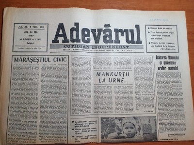 adevarul 24 mai 1990-ion iliescu cu 85,26% din voturi la rezultatele partiale foto