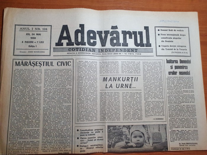 adevarul 24 mai 1990-ion iliescu cu 85,26% din voturi la rezultatele partiale