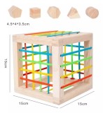 Cub Educativ 2 in 1, sortator forme si benzi elastice,15 x 15 x 15 cm.