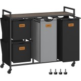 VASAGLE Cos de rufe cu 4 compartimente 2x25 L si 2x50 L, mobil cu roti, saci detasabili, 99x33x81 cm, maro si negru