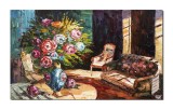Tablou stilizat pictat manual, Interior cu trandafiri, 100x60cm ulei pe panza, Superb