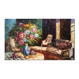 Tablou stilizat pictat manual, Interior cu trandafiri, 100x60cm ulei pe panza, Superb