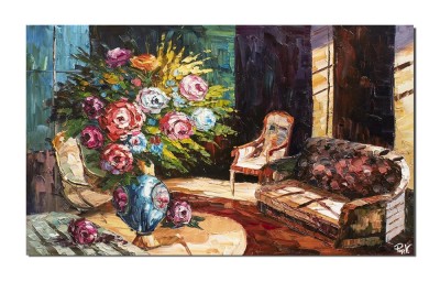 Tablou stilizat pictat manual, Interior cu trandafiri, 100x60cm ulei pe panza, Superb foto
