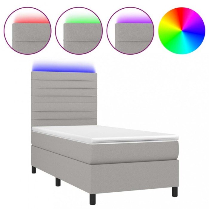 Pat cu arcuri, saltea si LED, gri deschis, 80x200 cm, textil