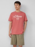 s.Oliver Tricou barbati cu imprimeu cu logo si decolteu la baza gatului, Regular fit, Roz prafuit, S