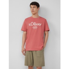 s.Oliver Tricou barbati cu imprimeu cu logo si decolteu la baza gatului, Regular fit, Roz prafuit, S