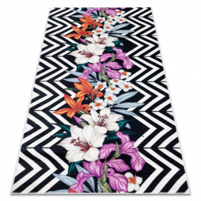 ANDRE 2300 covor lavabil flori, zig zag vintage anti-alunecare - fekete si alb, 120x170 cm foto