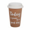 Cana ceramica Pufo pentru cafea sau ceai cu capac din silicon, model Today is a good day, 385 ml