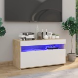 Cumpara ieftin Comodă TV cu lumini LED, alb &amp; stejar sonoma, 75x35x40 cm