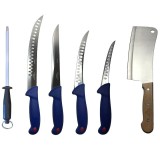 Set 4 cutite profesionale de macelarie, filetat, injunghiat, transat, dezosat, otel carbon, masat pentru ascutit, satar