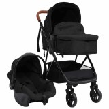 Carucior copii 3 in 1 vidaXL, antracit/negru, otel, scaun reglabil, cos depozitare, pliere usoara, scaun auto inclus, max 15 kg