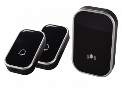 Sonerie fara fir 2 transmitatoare - comutator cu baterie 12V (2 butoane) si 1 receptor negru ( 1 sonerie) la priza , IP44 foto