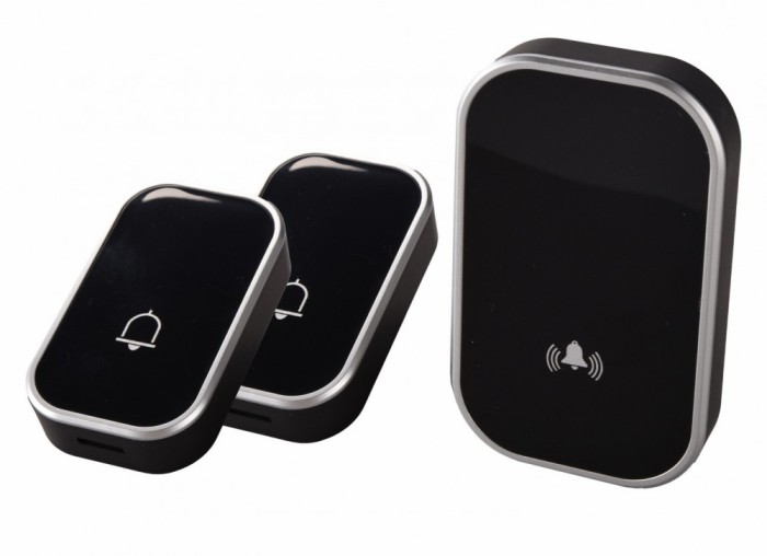Sonerie fara fir 2 transmitatoare - comutator cu baterie 12V (2 butoane) si 1 receptor negru ( 1 sonerie) la priza , IP44