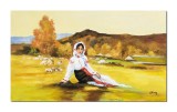 Cumpara ieftin Tablou Ciobanita pictat manual, 100x60cm ulei pe panza, reproducere Nicole Grigorescu, gata de agatat pe perete