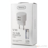 Incarcatoare Retea Tranyoo, V90, 2.1A Charge Kit, 2 x USB + USB Type-C Cable, White