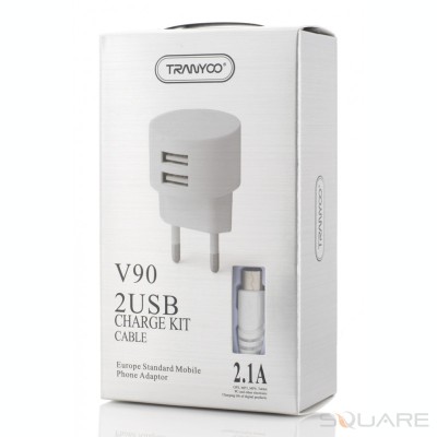 Incarcatoare Retea Tranyoo, V90, 2.1A Charge Kit, 2 x USB + USB Type-C Cable, White foto