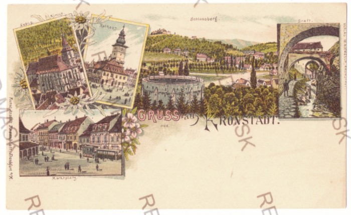373 - BRASOV, Black Church, Market, Panorama, Litho - old postcard - unused