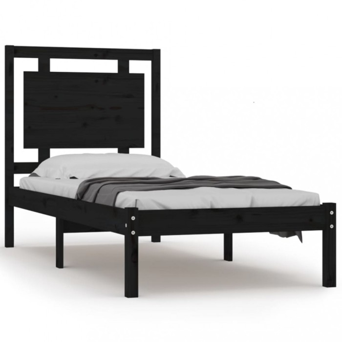 Cadru de pat mic single, negru, 75x190 cm, lemn masiv