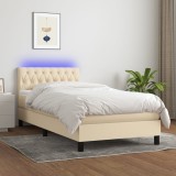 VidaXL Pat cu arcuri, saltea și LED, crem, 90x190 cm, textil 3133362