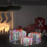 Cutii Cadou Craciun Decorative vidaXL, 3 Buc, Multicolor, Acril, 48 LED-uri, 8 Moduri Iluminare, Interior/Exterior