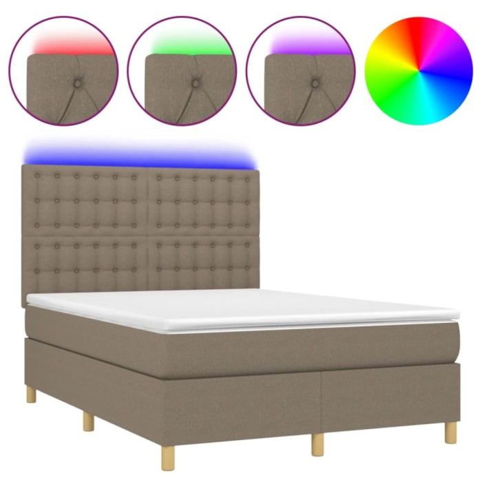 Pat cu arcuri, saltea si LED, gri taupe, 140x200 cm, textil
