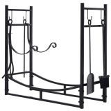 Suport lemne semineu pentru interior/exterior, metalic, negru, cu 4 accesorii, 2 carlige detasabile, 84x33x76 cm, ART