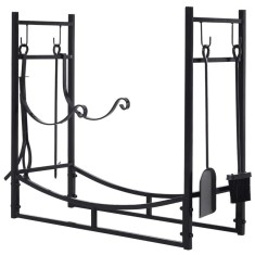 Suport lemne semineu pentru interior/exterior, metalic, negru, cu 4 accesorii, 2 carlige detasabile, 84x33x76 cm